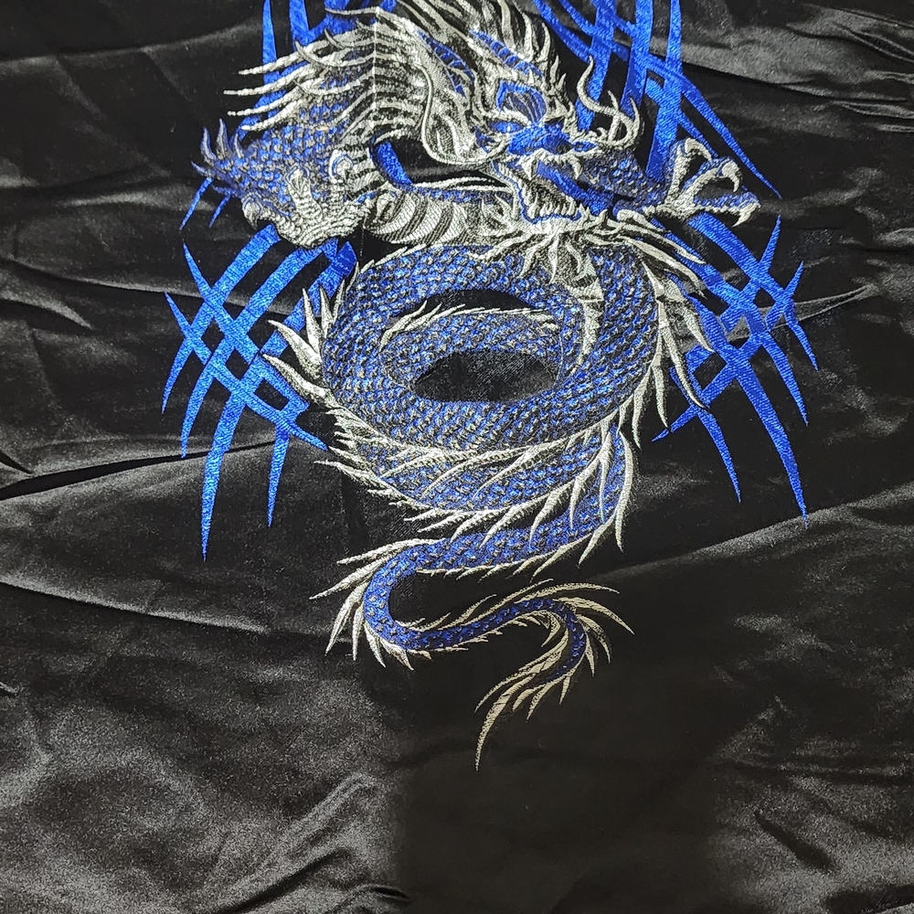 Black Satin Odo Shirt with Blue Dragon Embroidery